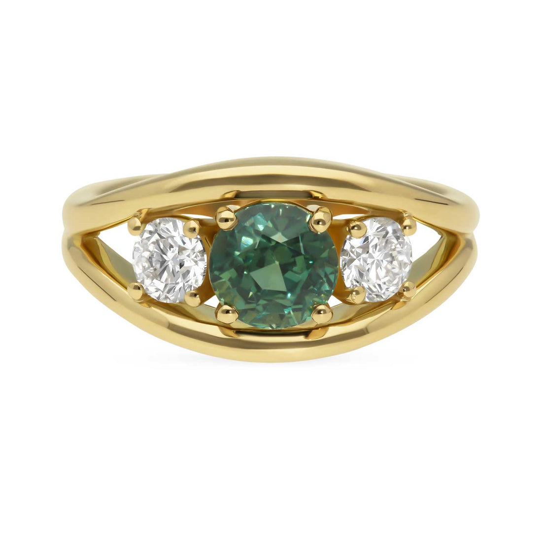 ANI Teal Sapphire and Diamond Yellow Gold Trilogy Engagement Ring  by ethical jeweller E.C.One made in our B Corp certified London workshop
