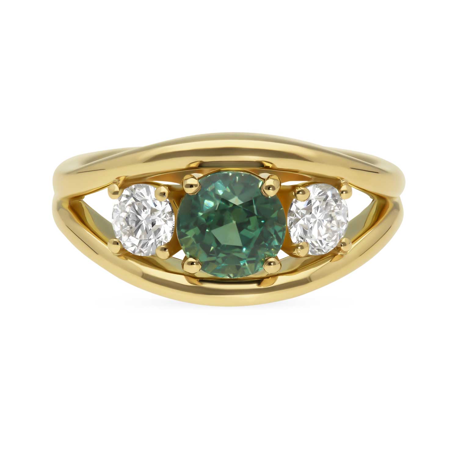 ANI Teal Sapphire and Diamond Yellow Gold Trilogy Engagement Ring  by ethical jeweller E.C.One made in our B Corp certified London workshop