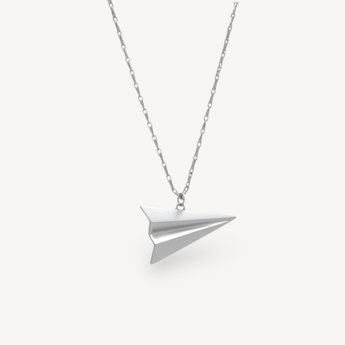 EC One blue recycled silver paper plane necklace on an 18" chain, handmade by Alice Barnes.