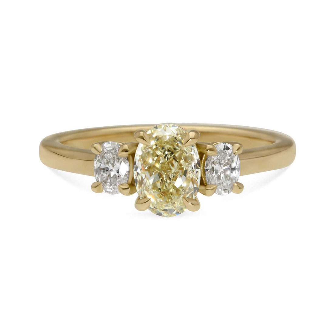 OTTILIE Oval Light Yellow Diamond Yellow Gold Trilogy Engagement Ring Made by ethical jeweller E.C.One London in our B Corp certified workshop