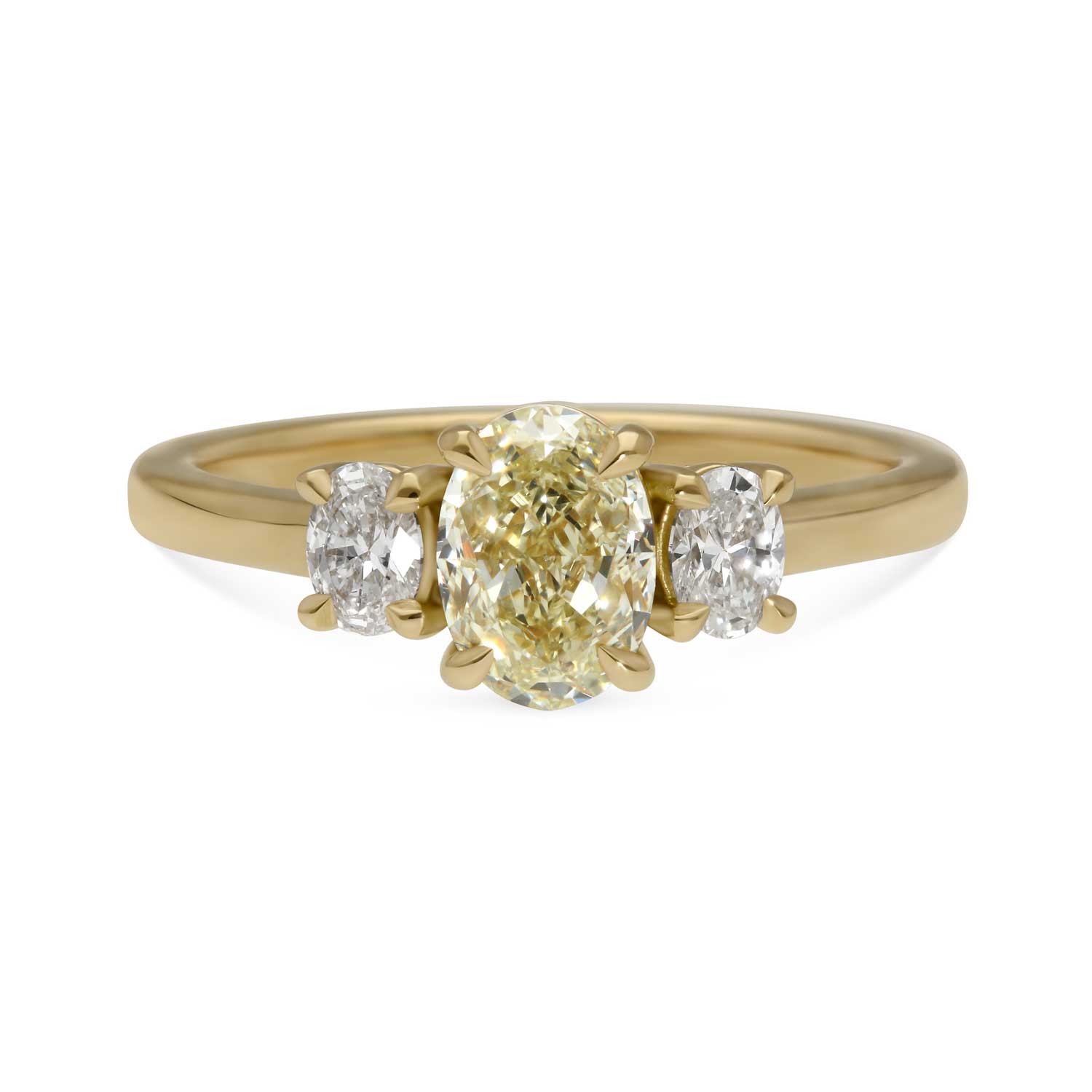 OTTILIE Oval Light Yellow Diamond Yellow Gold Trilogy Engagement Ring Made by ethical jeweller E.C.One London in our B Corp certified workshop