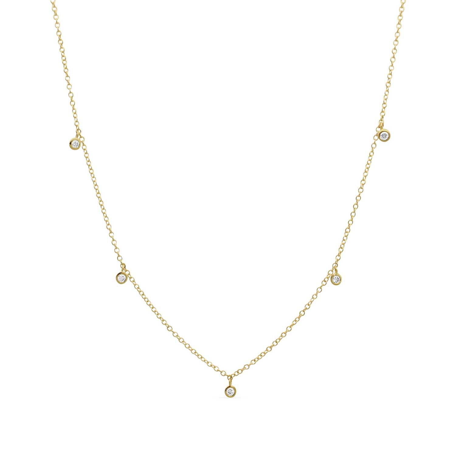 Dainty Gold Necklace with Five Hanging diamonds by E.C.One ethical B Corp certified jeweller in London
