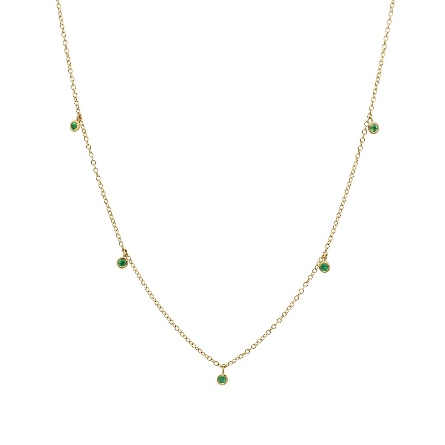 Dainty Gold Necklace with Five Hanging Emeralds by E.C.One ethical B Corp certified jeweller in London