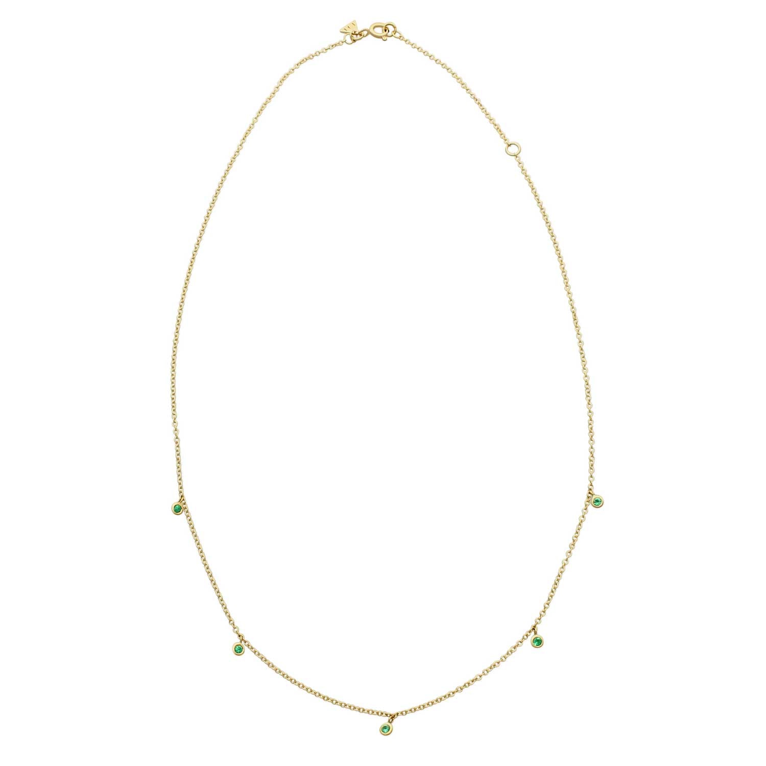 Dainty Gold Necklace with Five Hanging Emeralds by E.C.One ethical B Corp certified jeweller in London