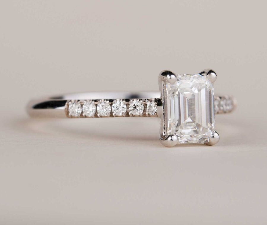 EC One's Nancy emerald cut diamond engagement ring made in London