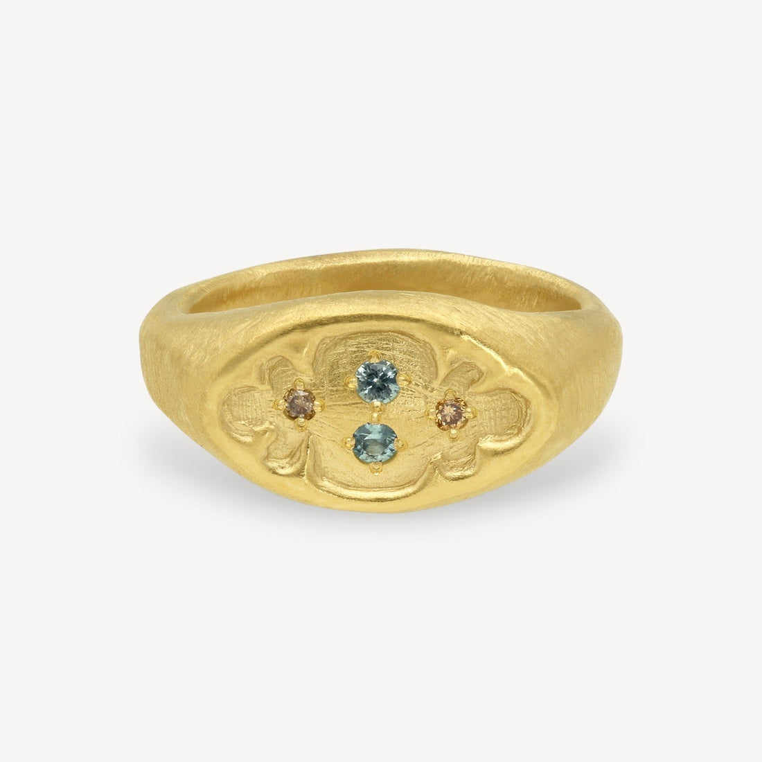 EC One gold plated Dormer ring featuring two blue tourmalines and two brown diamonds in a textured floral setting