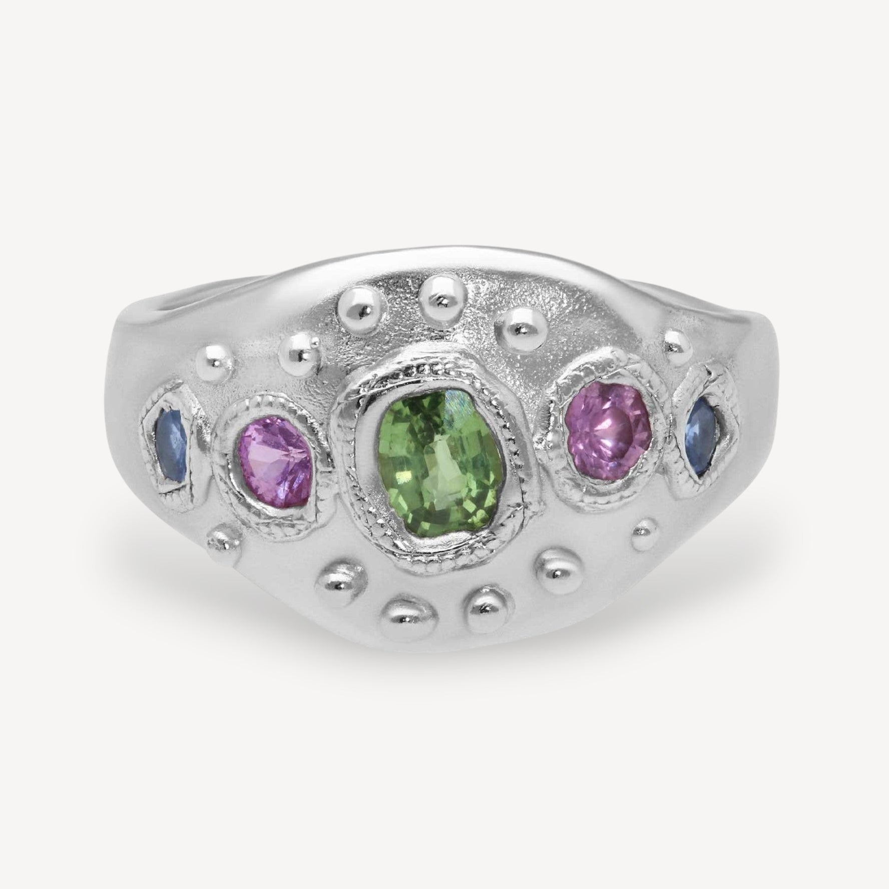 EC One EMBLE ring with blue, green, and pink sapphires set in recycled silver with a textured band.