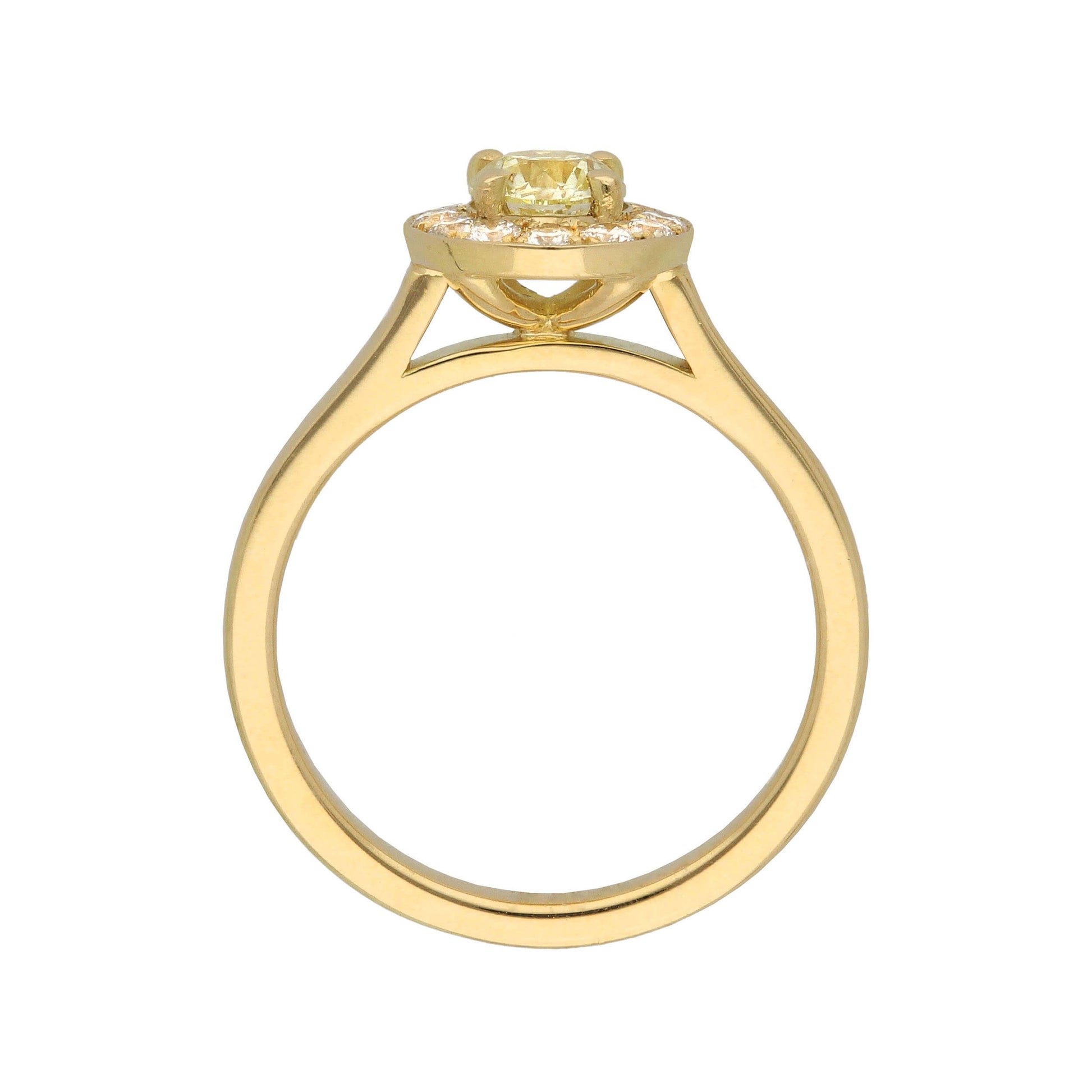 E.C.One London ethical jewellers EMMA Champagne Diamond Yellow Gold Halo Engagement Ring
