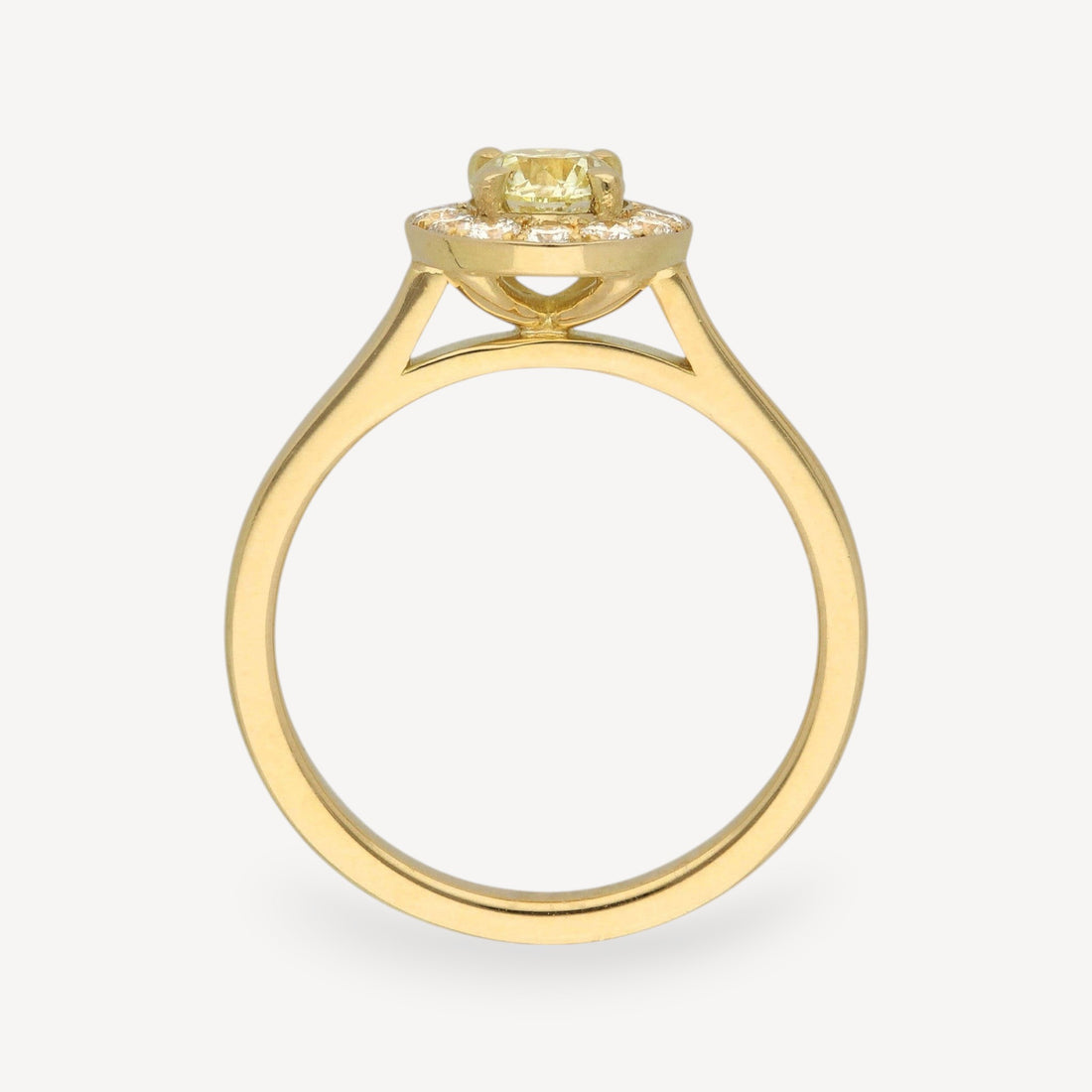 E.C.One London ethical jewellers EMMA Champagne Diamond Yellow Gold Halo Engagement Ring