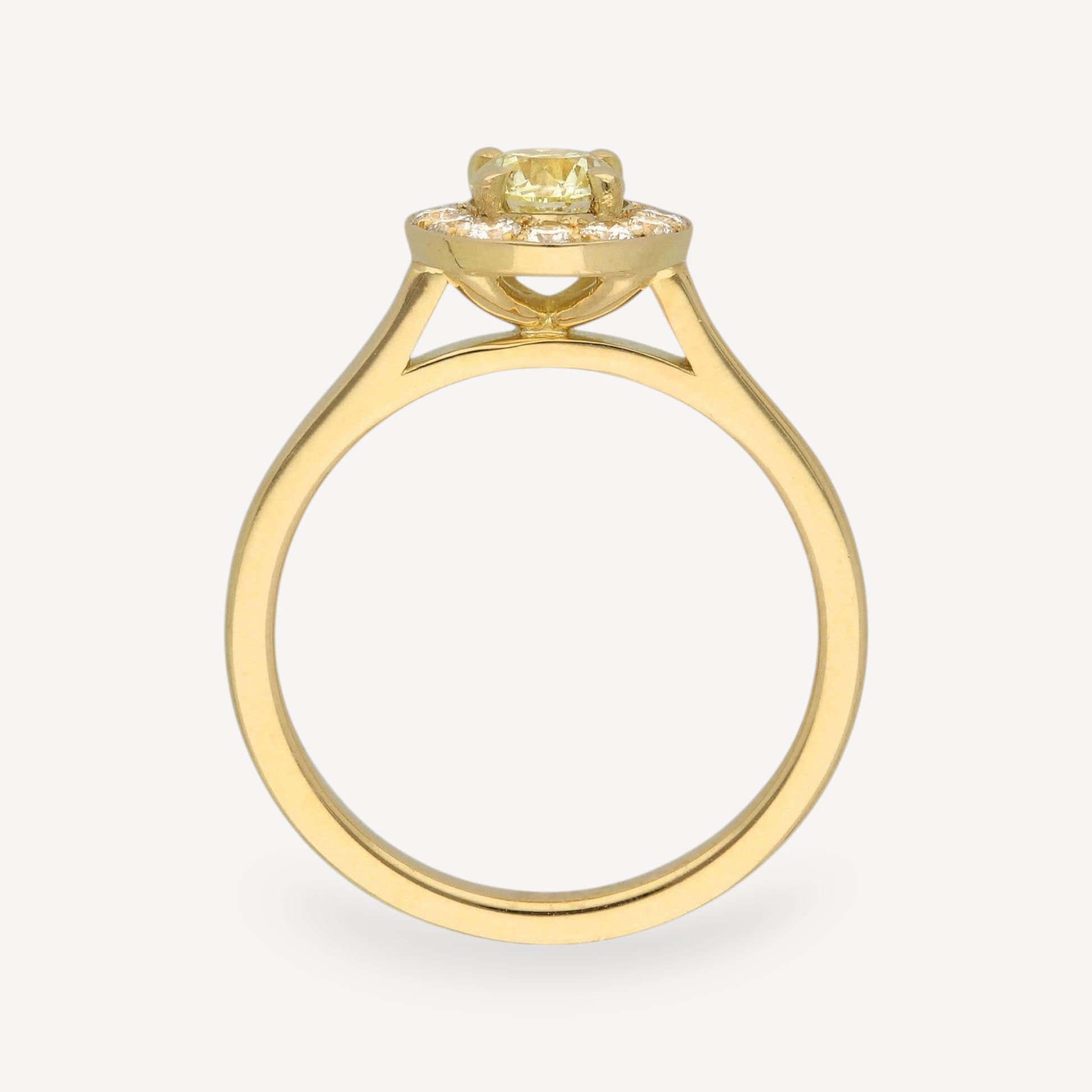 E.C.One London ethical jewellers EMMA Champagne Diamond Yellow Gold Halo Engagement Ring