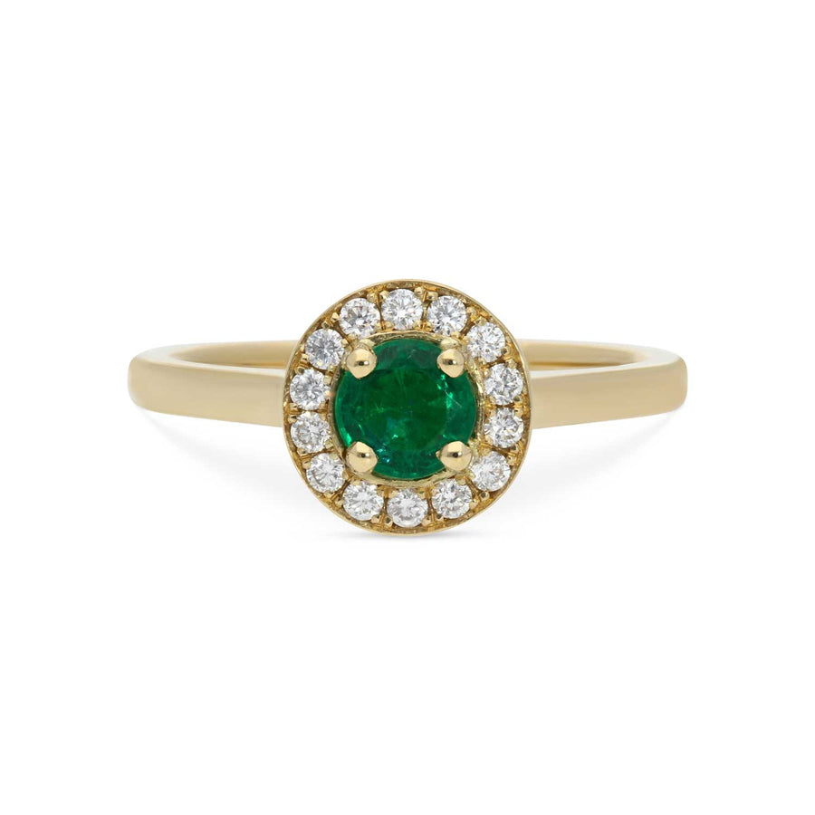 EC One EMMA Emerald and Diamond Halo Ring in Yellow Gold made in their B Corp London workshop