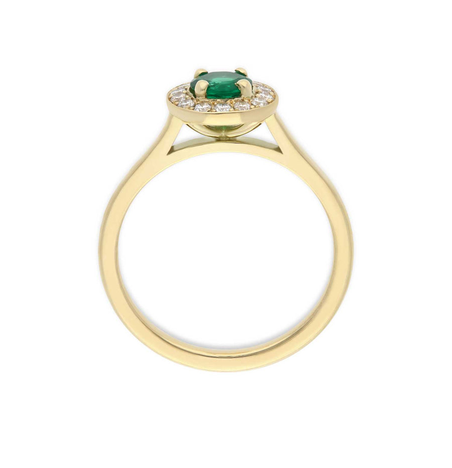 EC One EMMA Emerald and Diamond Halo Ring in Yellow Gold made in their B Corp London workshop