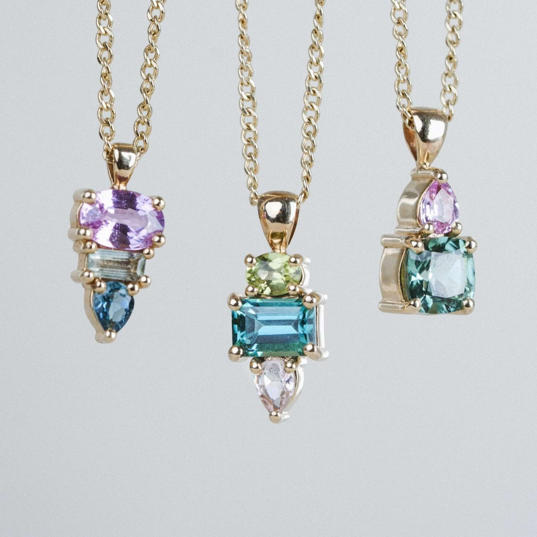 E.C.One London ELISE Triple Gemstone Gold Pendant Necklace