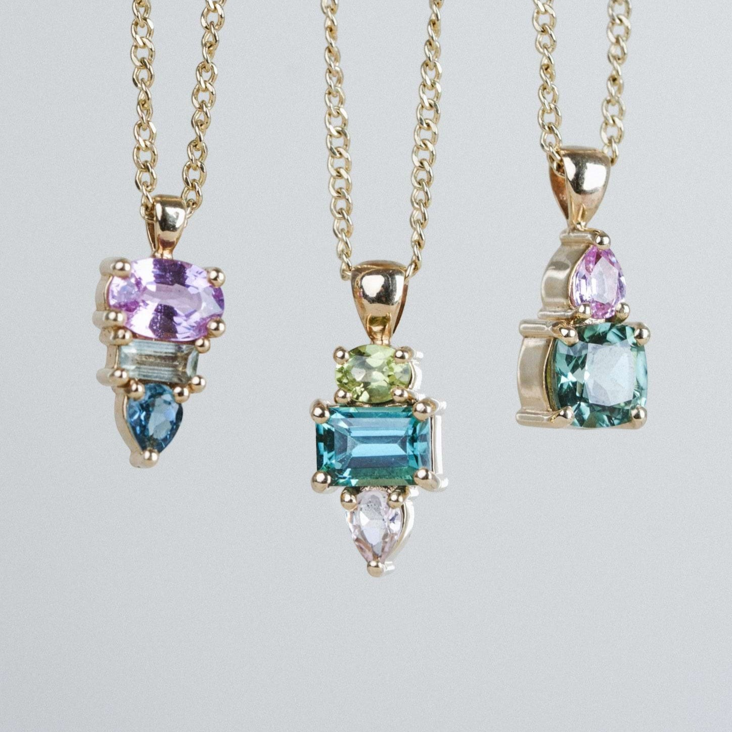 E.C.One London ELISE Triple Gemstone Gold Pendant Necklace