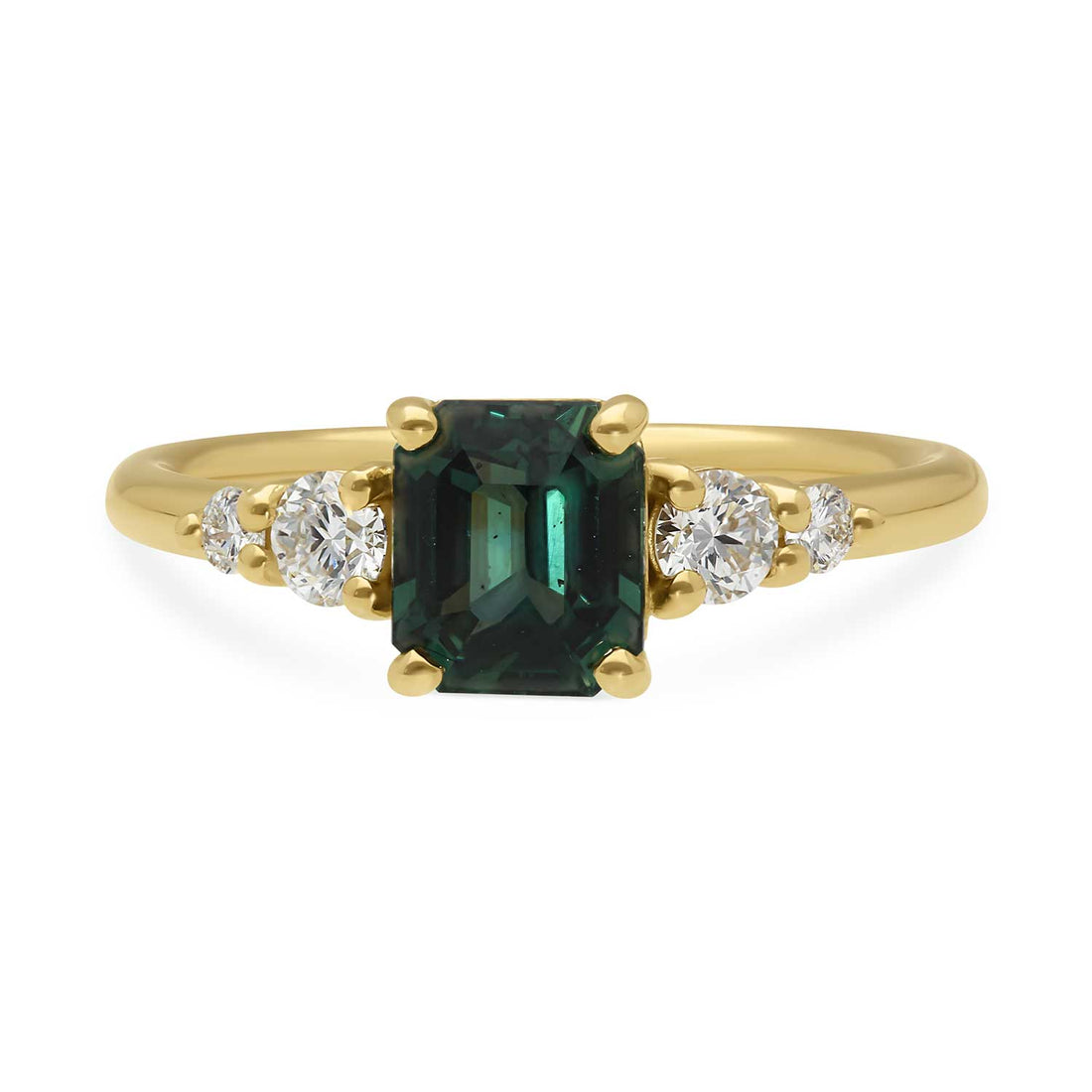 E.C.One ethical B Corp certified London jewellers created this GENEVIEVE Yellow Gold Octagon Teal Sapphire & Diamond Engagement Ring