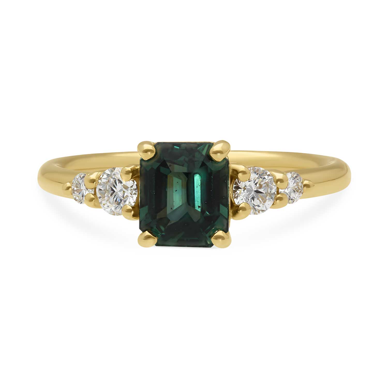E.C.One ethical B Corp certified London jewellers created this GENEVIEVE Yellow Gold Octagon Teal Sapphire & Diamond Engagement Ring