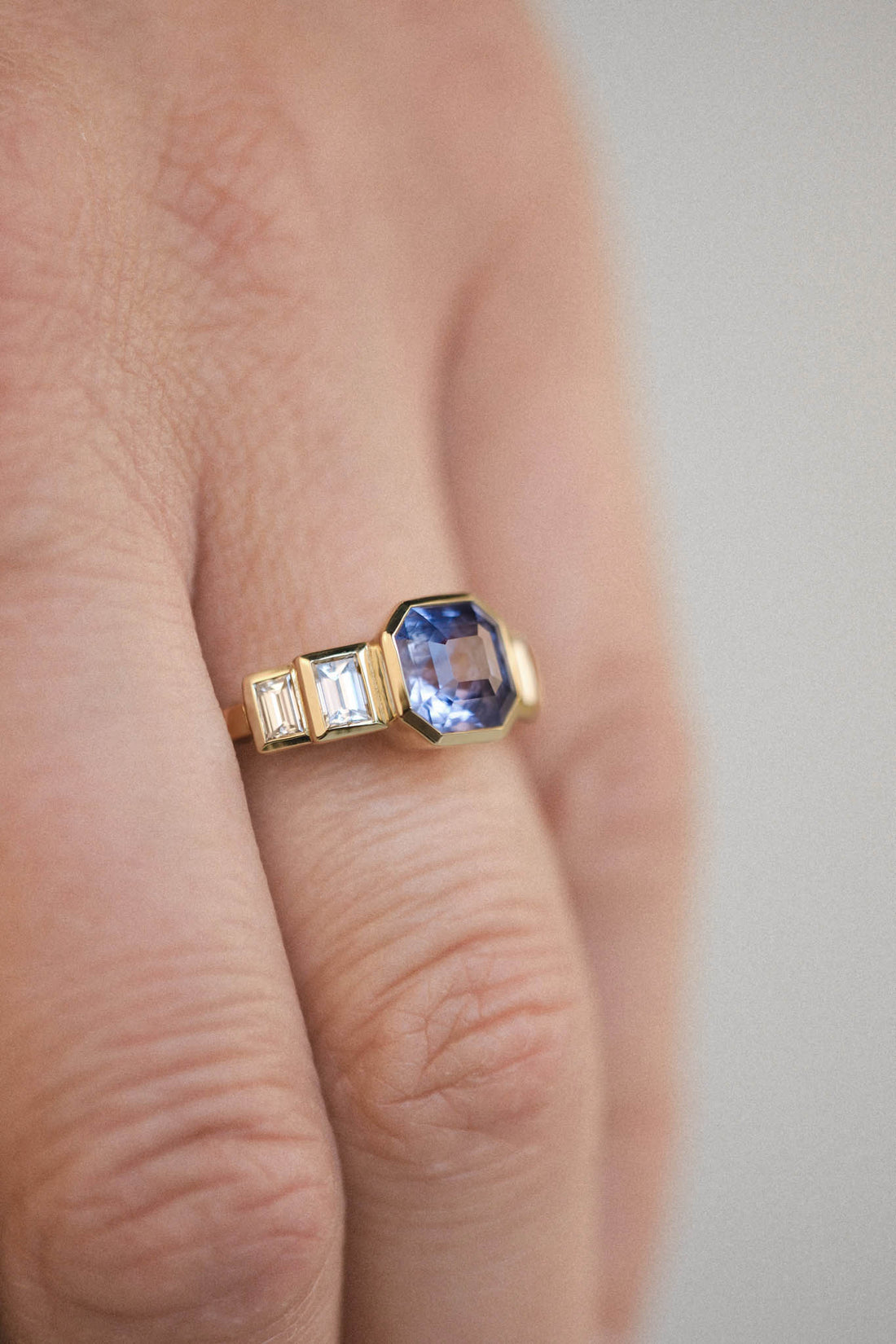 E.C. One EVELYN Deco Octagon Blue Sapphire Yellow Gold Engagement Ring handmade in our B Corp London workshop