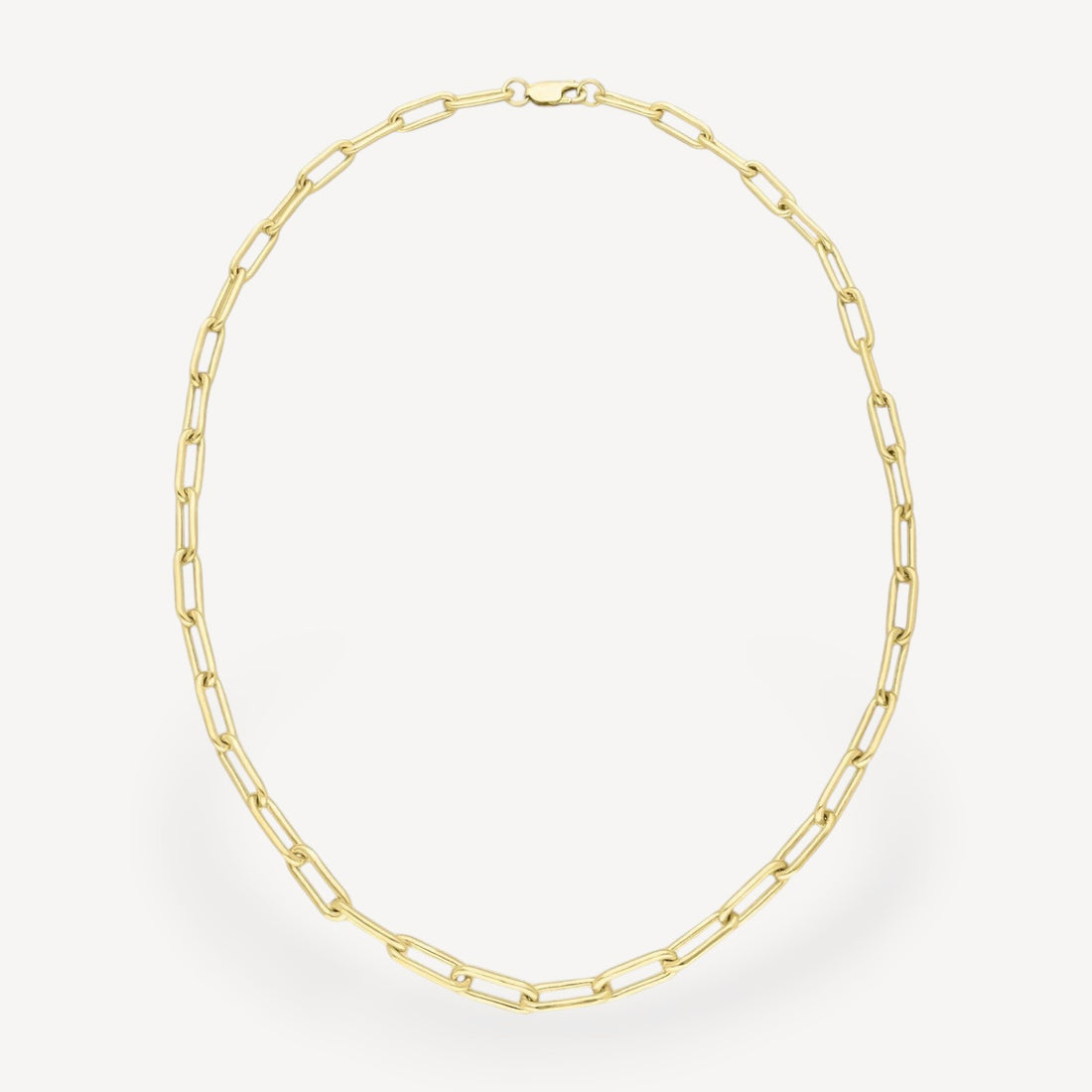 EC One heavy paperclip chain necklace made from gold plated recycled silver on a white background.