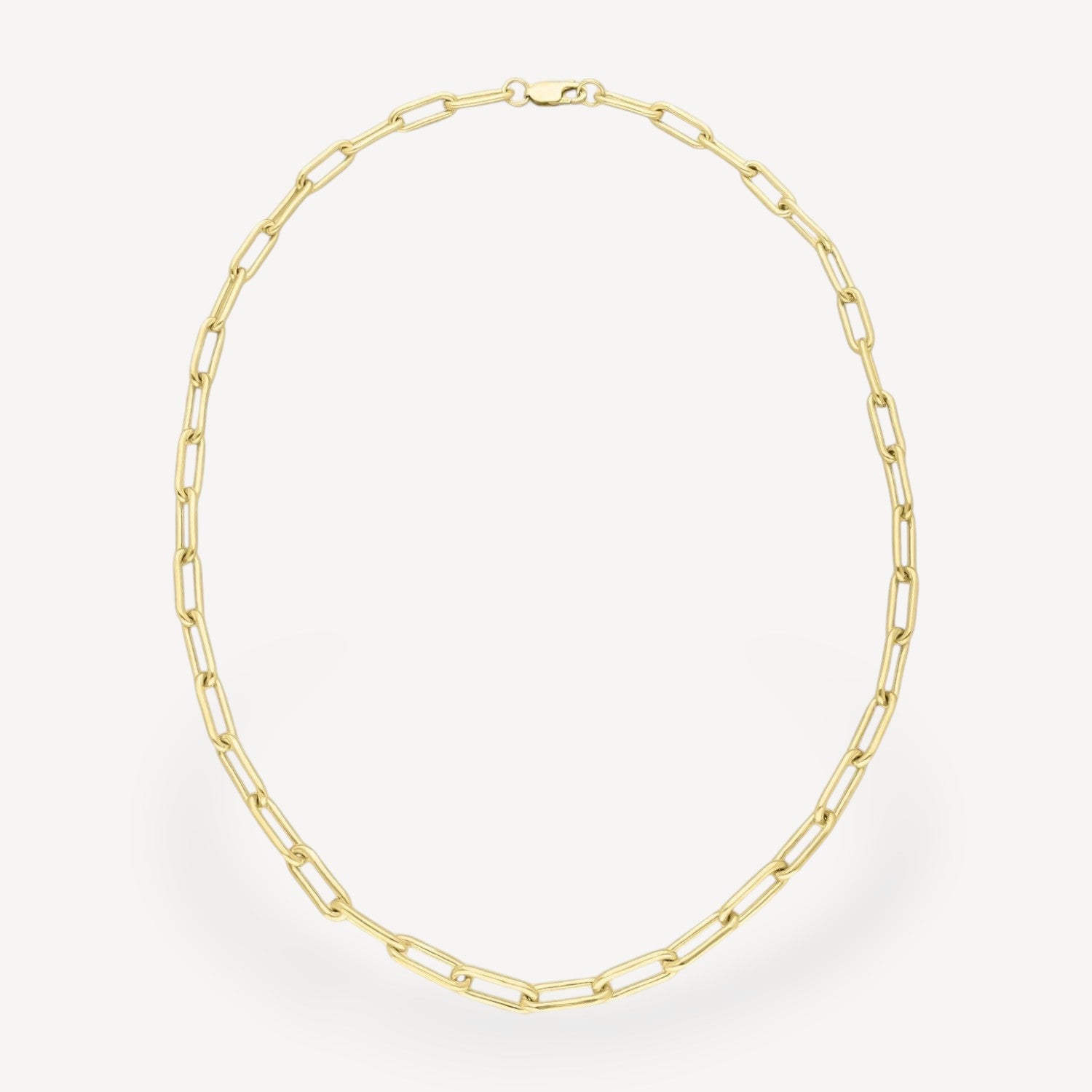 EC One heavy paperclip chain necklace made from gold plated recycled silver on a white background.