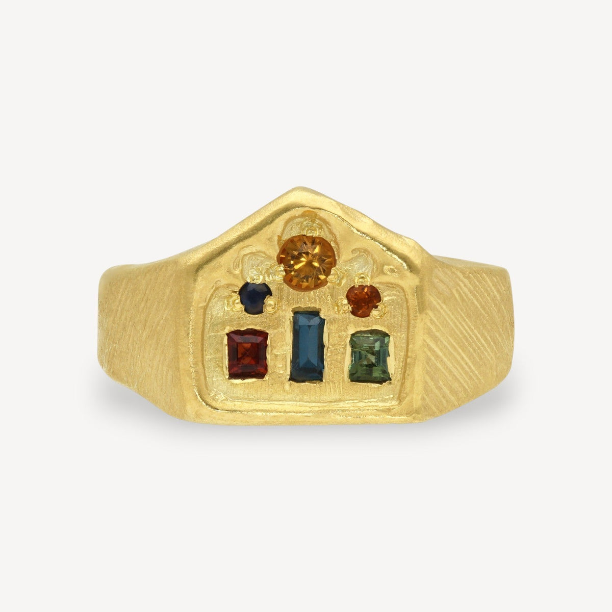 EC One gold plated ring featuring a textured band and a cluster of mixed colourful gemstones in various shapes.