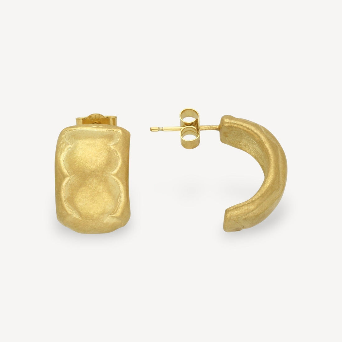 EC One medium wide hoop earrings in gold plated metal with a textured matte finish and post back closure.