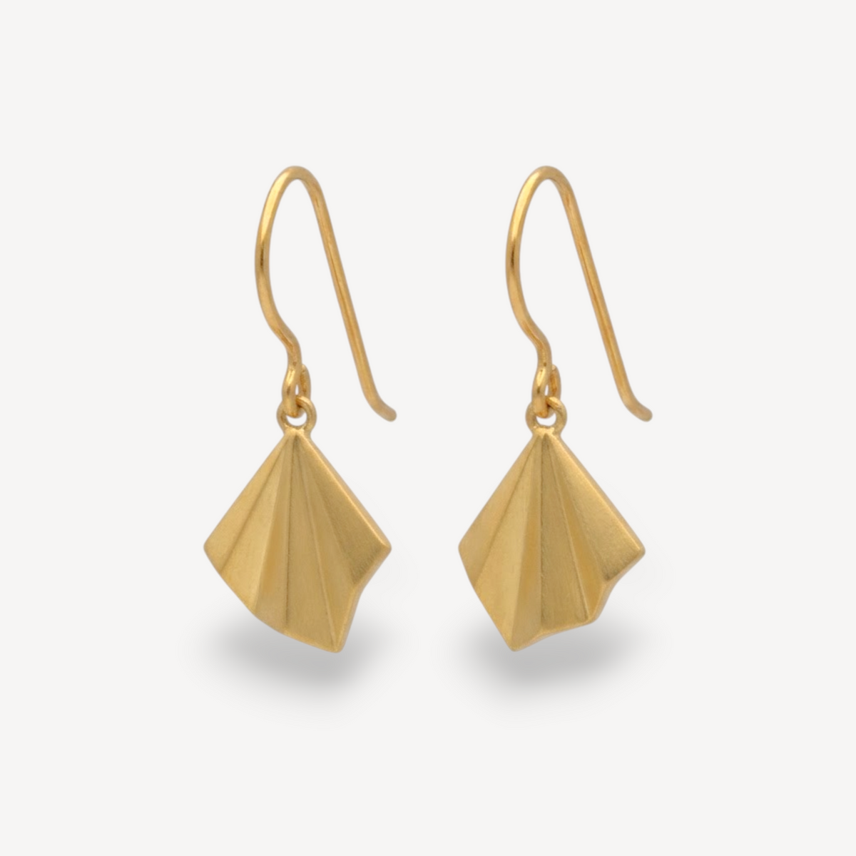 EC One gold plated hook earrings featuring a unique pleated fan design with a matte finish.