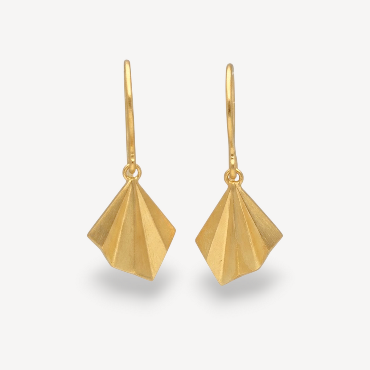 EC One gold plated hook earrings featuring a unique geometric pleated fan design on a clean white background