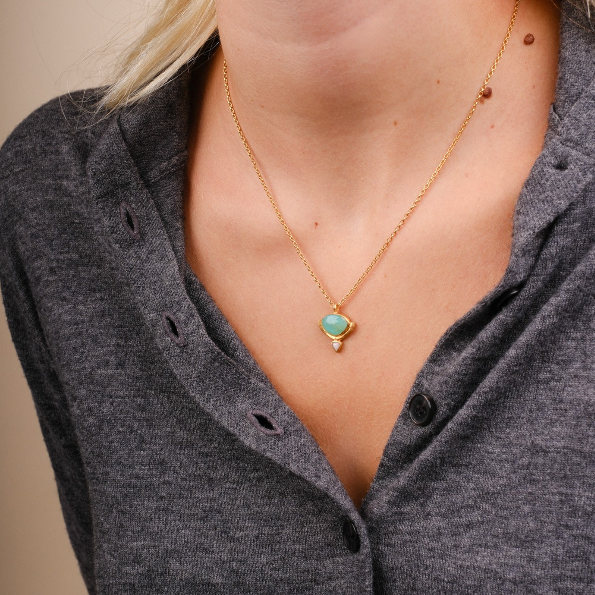 EC One Rosita Bonita gold plated necklace featuring a green opal pendant with a small pink opal accent on a fine chain