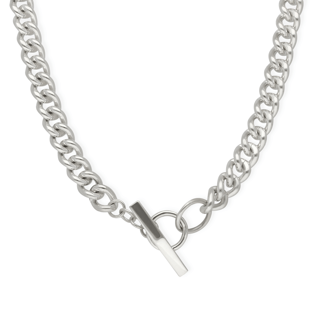 Chunky Curb Chain T-Bar Silver Necklace