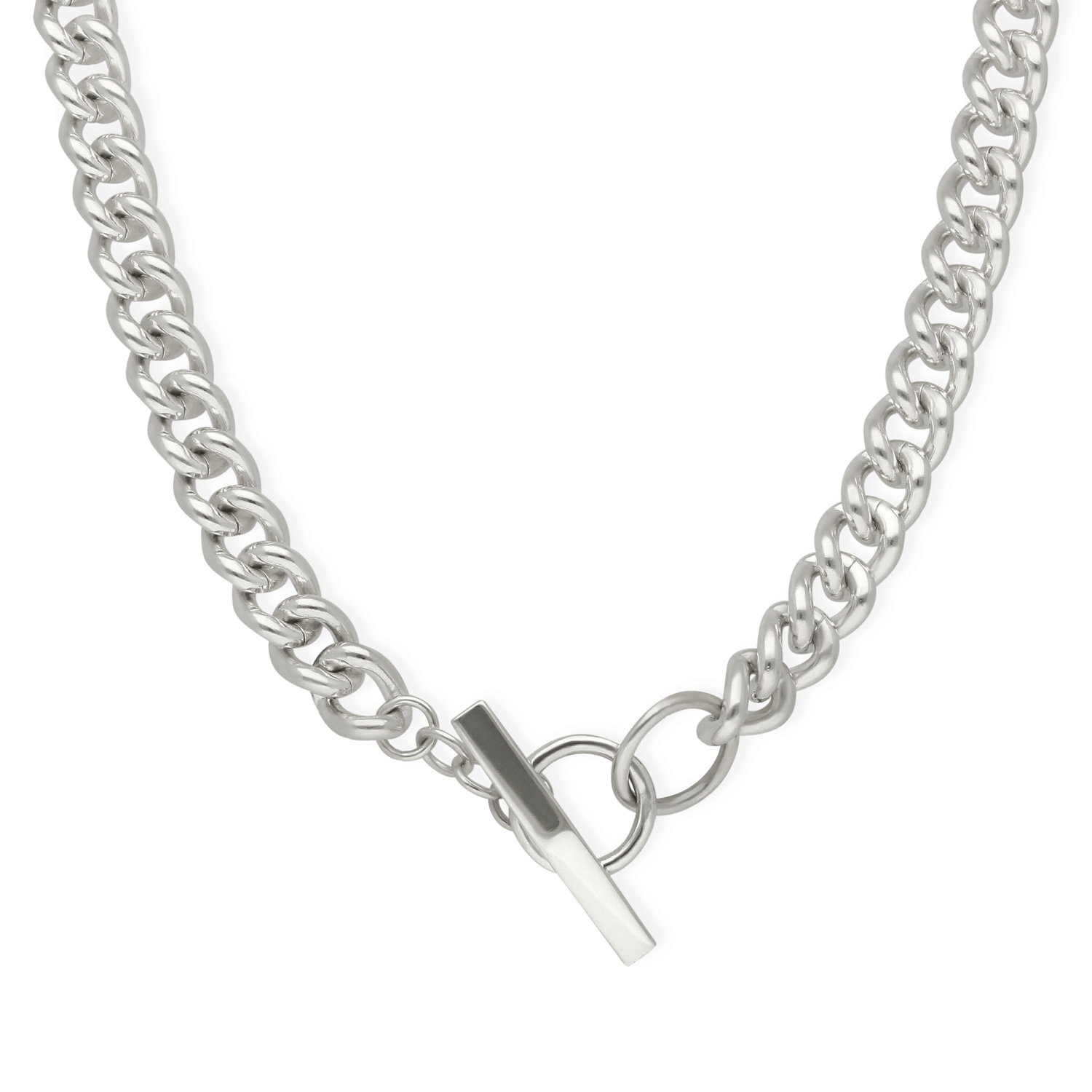 Chunky Curb Chain T-Bar Silver Necklace