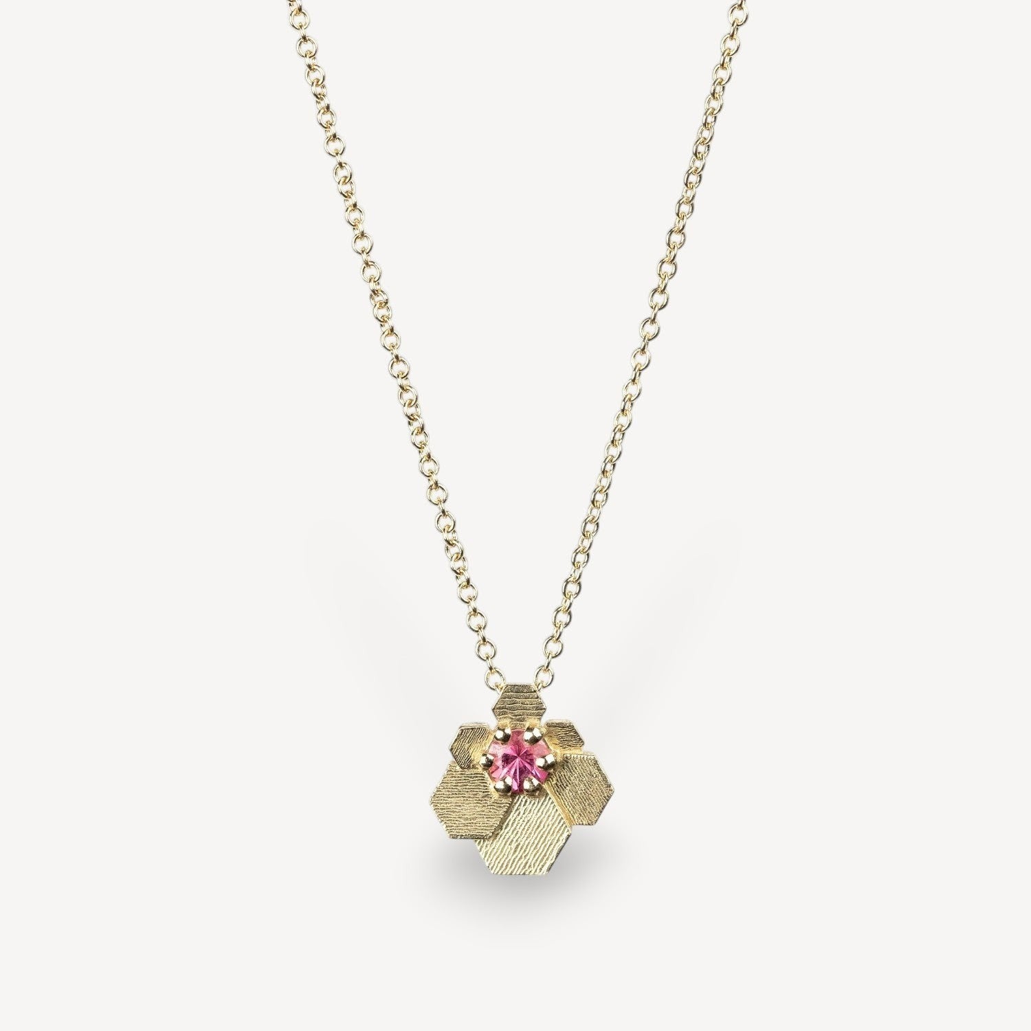EC One HEX Mini Fan Chaos pendant necklace in 18ct yellow gold featuring a central 0.11ct Malawi Ruby gemstone.