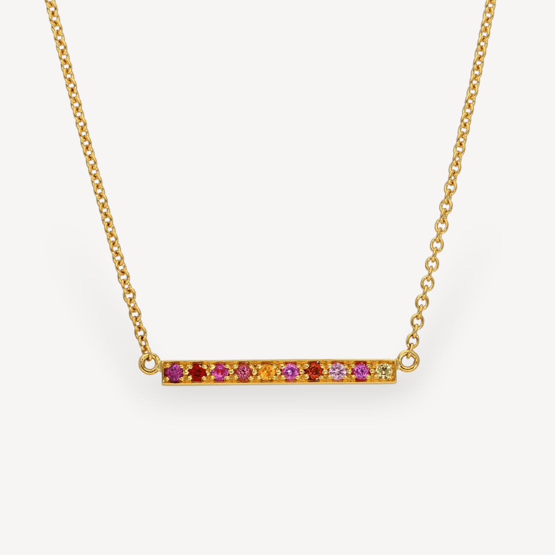 Long "Kaleidoscope" Gold Bar Necklace in Mixed Pink & Red Gemstones