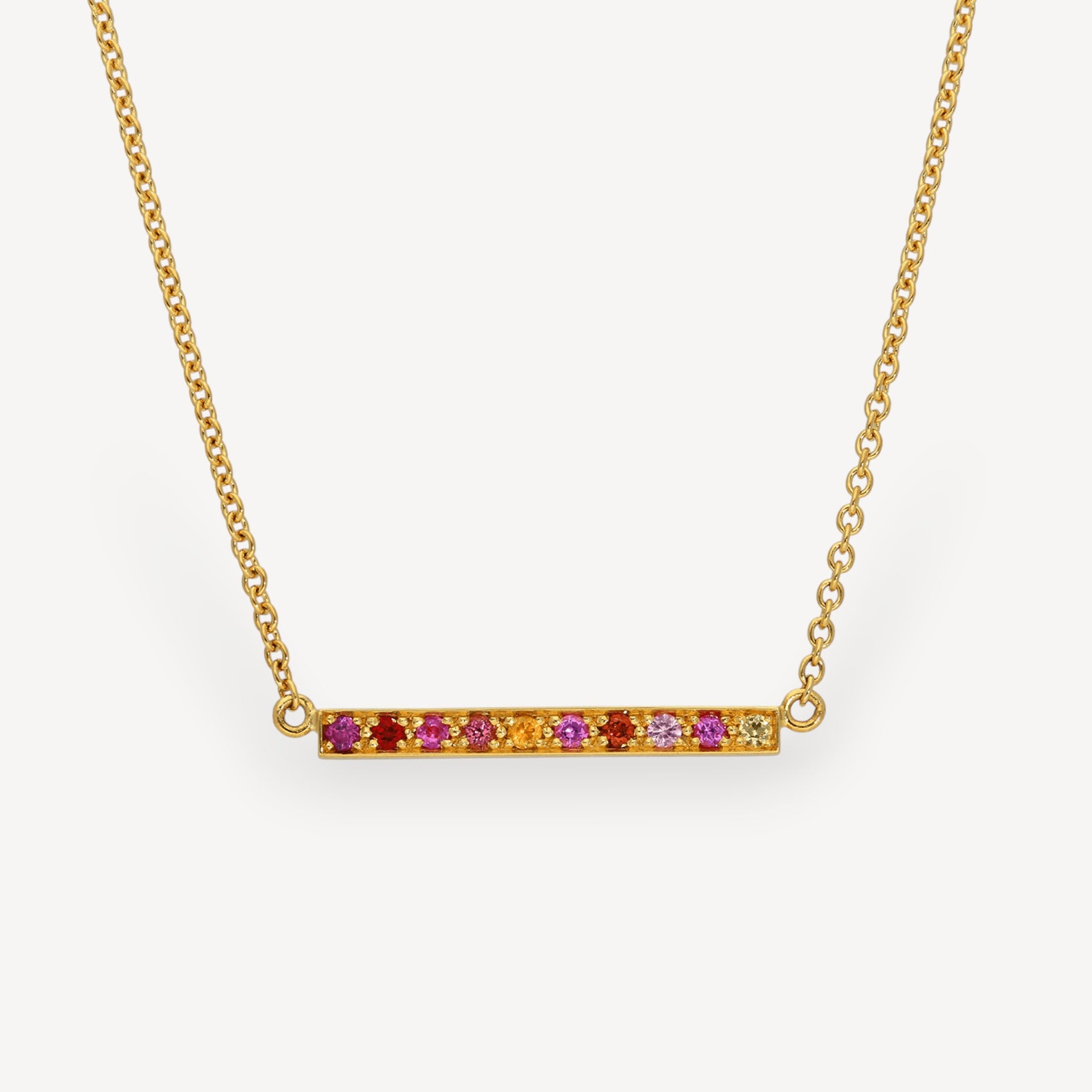 Long "Kaleidoscope" Gold Bar Necklace in Mixed Pink & Red Gemstones