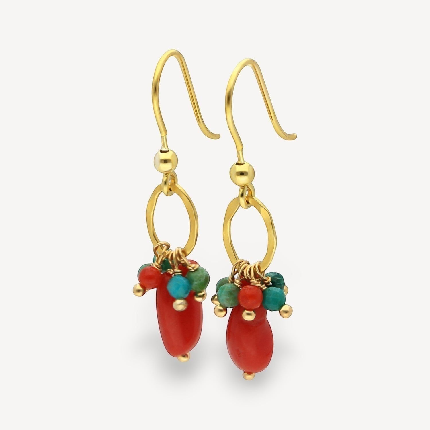 EC One MIRTILLO handmade earrings featuring red coral and turquoise beads on gold plated recycled silver hoops.