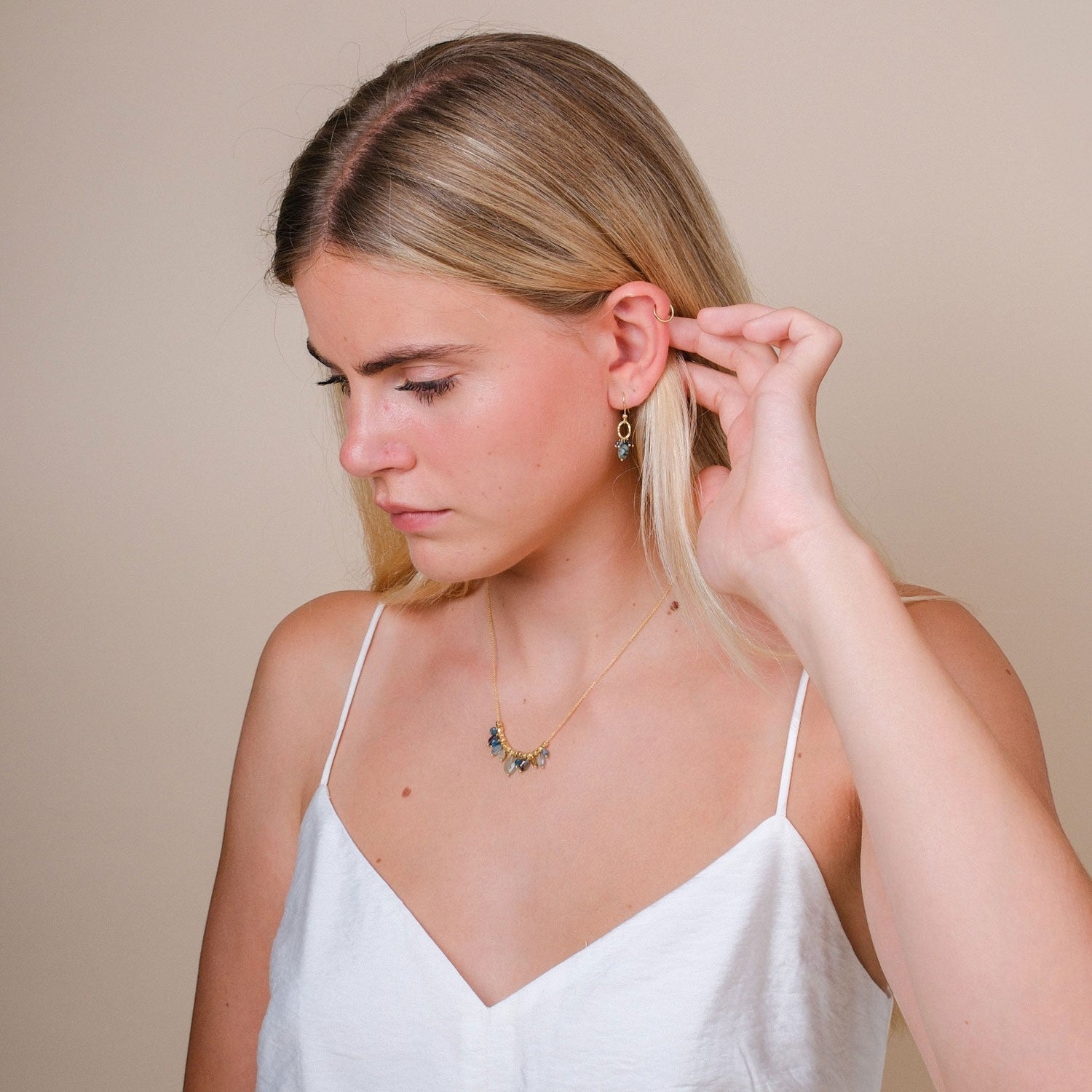 EC One MIRTILLO earrings featuring turquoise, blue sapphire, and blue topaz on gold plated recycled silver