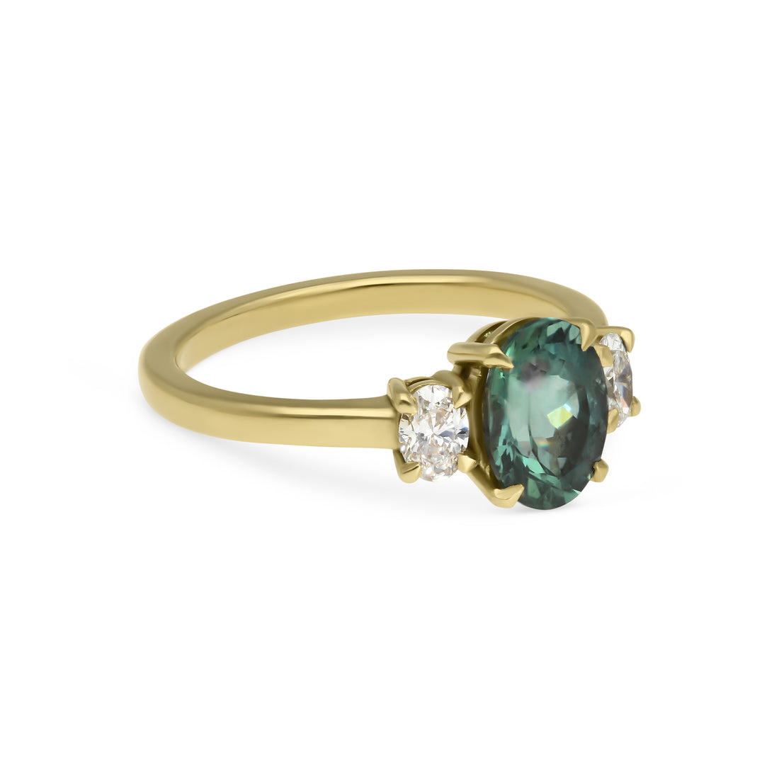 OTTILIE Teal Oval Sapphire and Diamond Yellow Gold Trilogy Engagement Ring