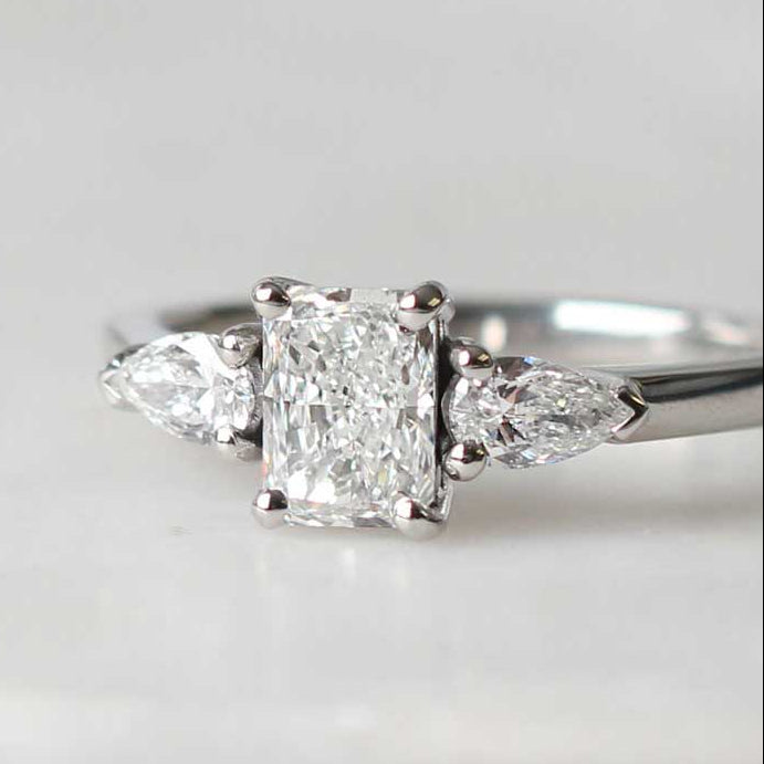 Ethical Bespoke jewellers radiant cut diamond Phoebe engagement ring made in our London B Corp workshop