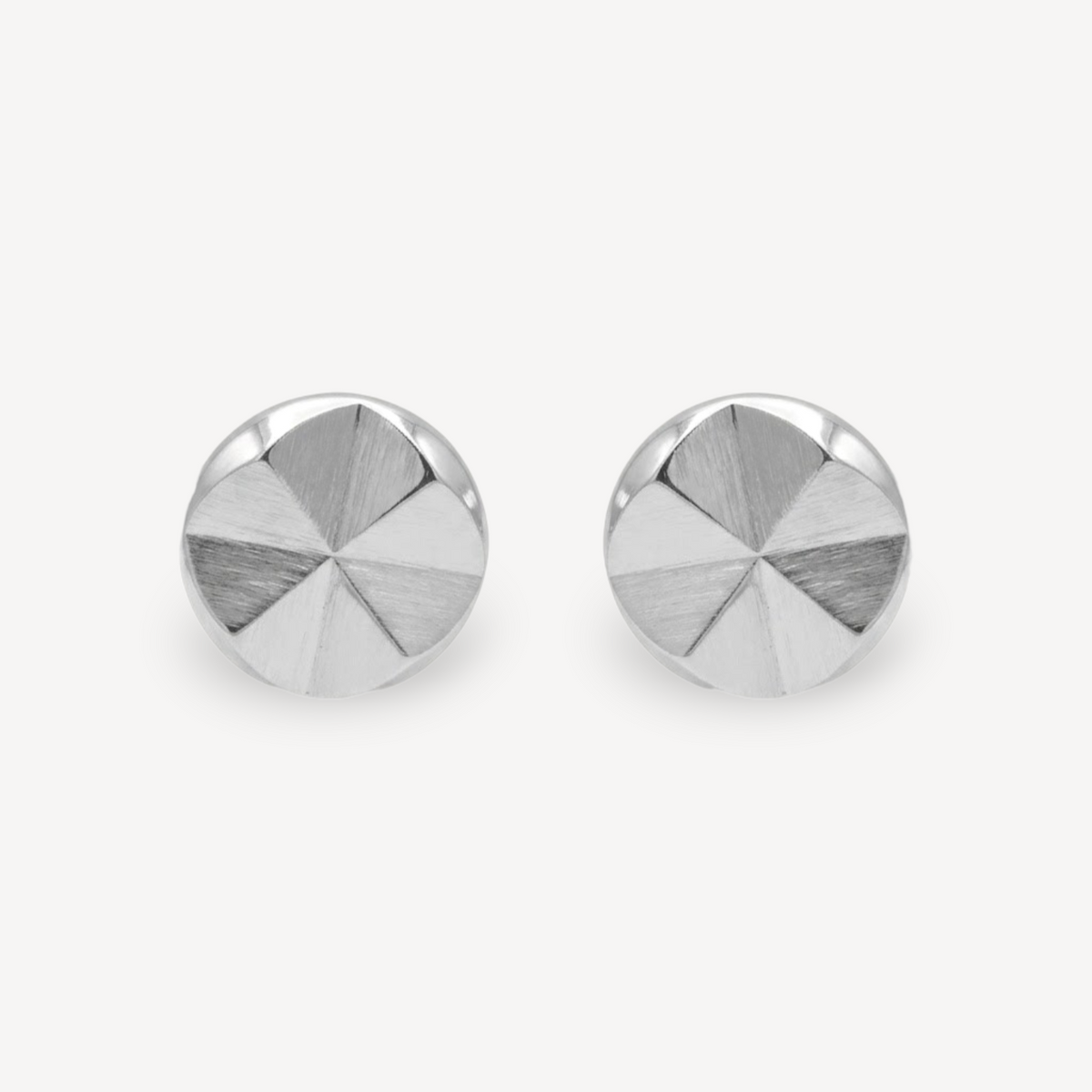 EC One Polaris Nova round stud earrings in recycled silver with a geometric brushed finish
