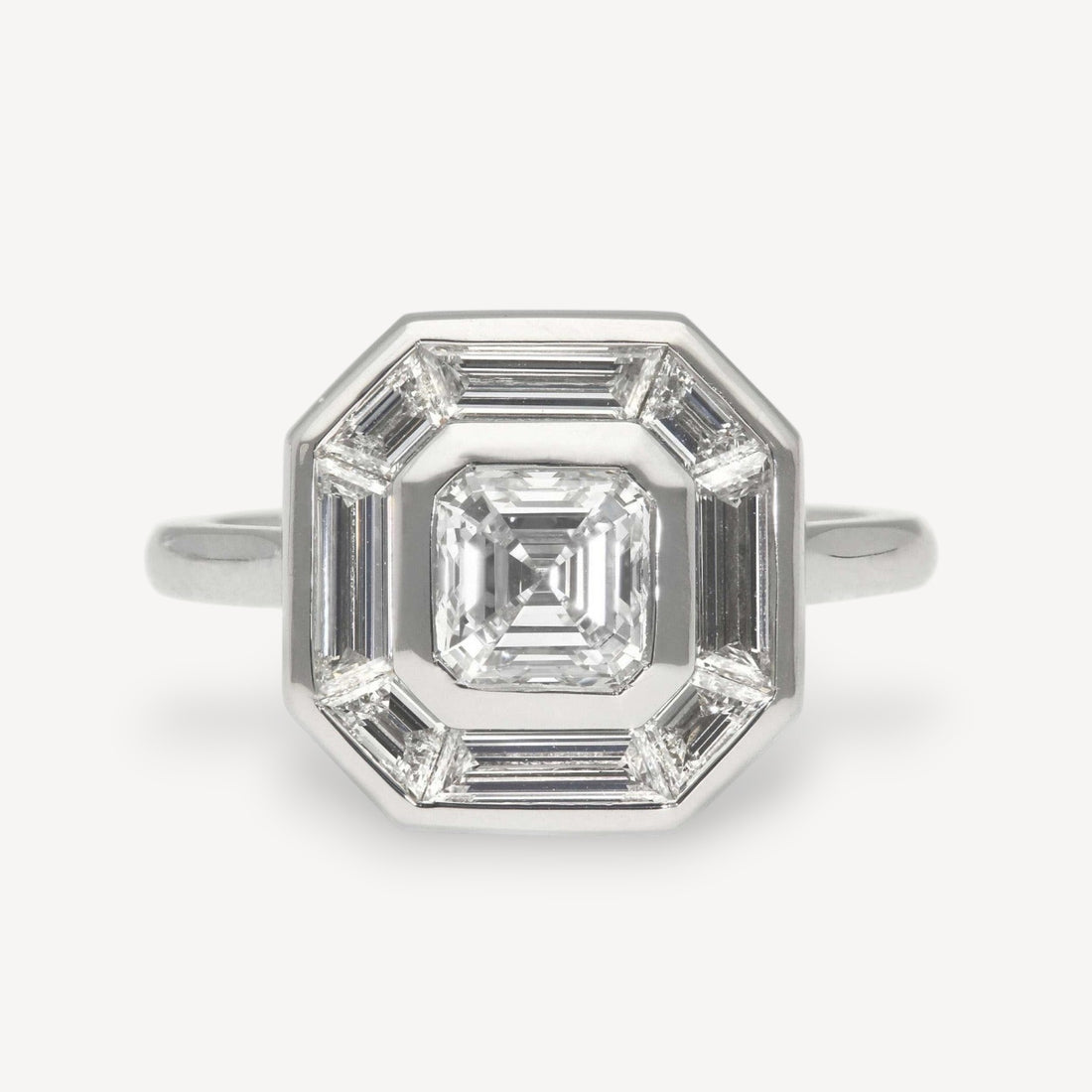 EC One SADIE Radiant Diamond with Baguette Diamond Halo Platinum Engagement Ring made in our London B Corp workshop