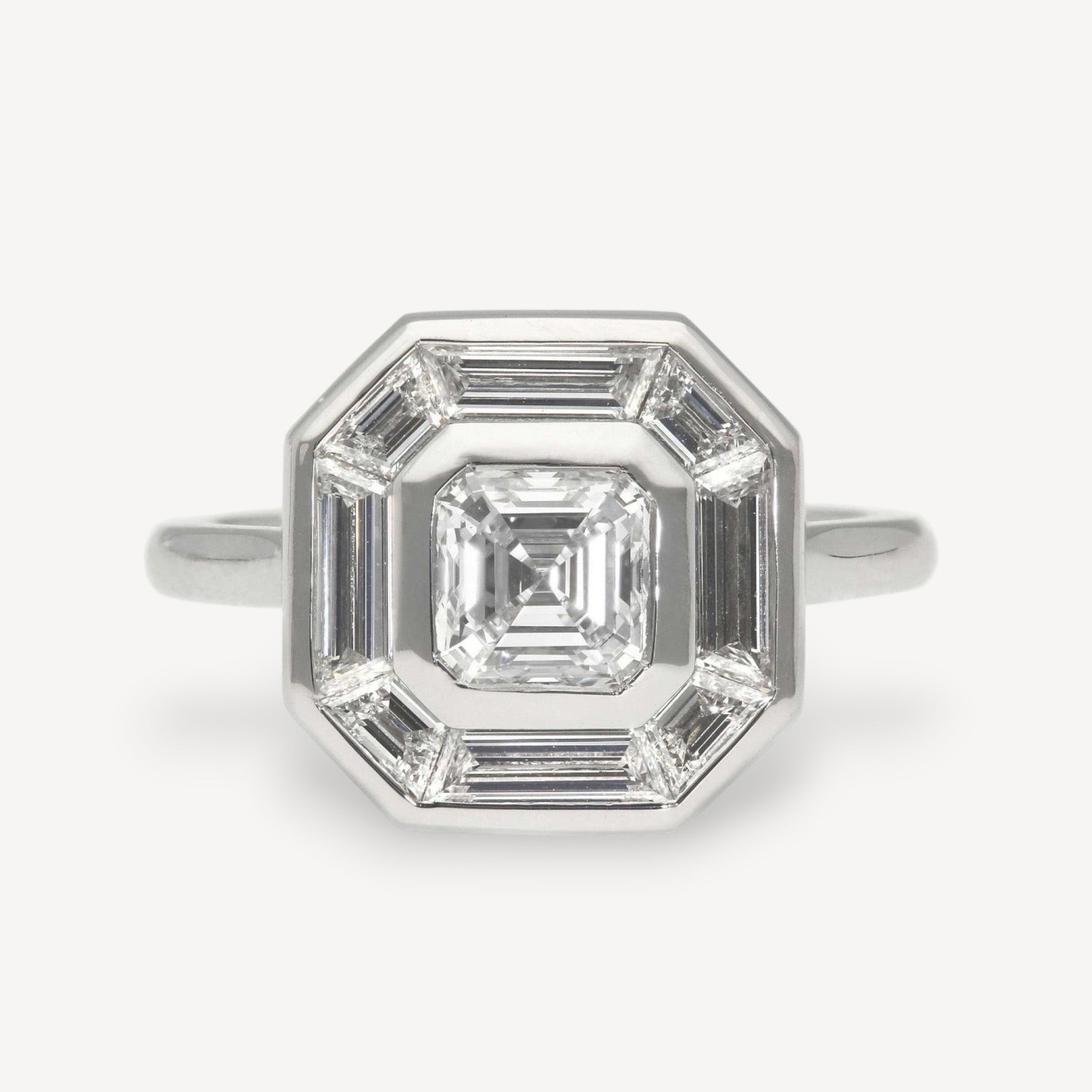 EC One SADIE Radiant Diamond with Baguette Diamond Halo Platinum Engagement Ring made in our London B Corp workshop