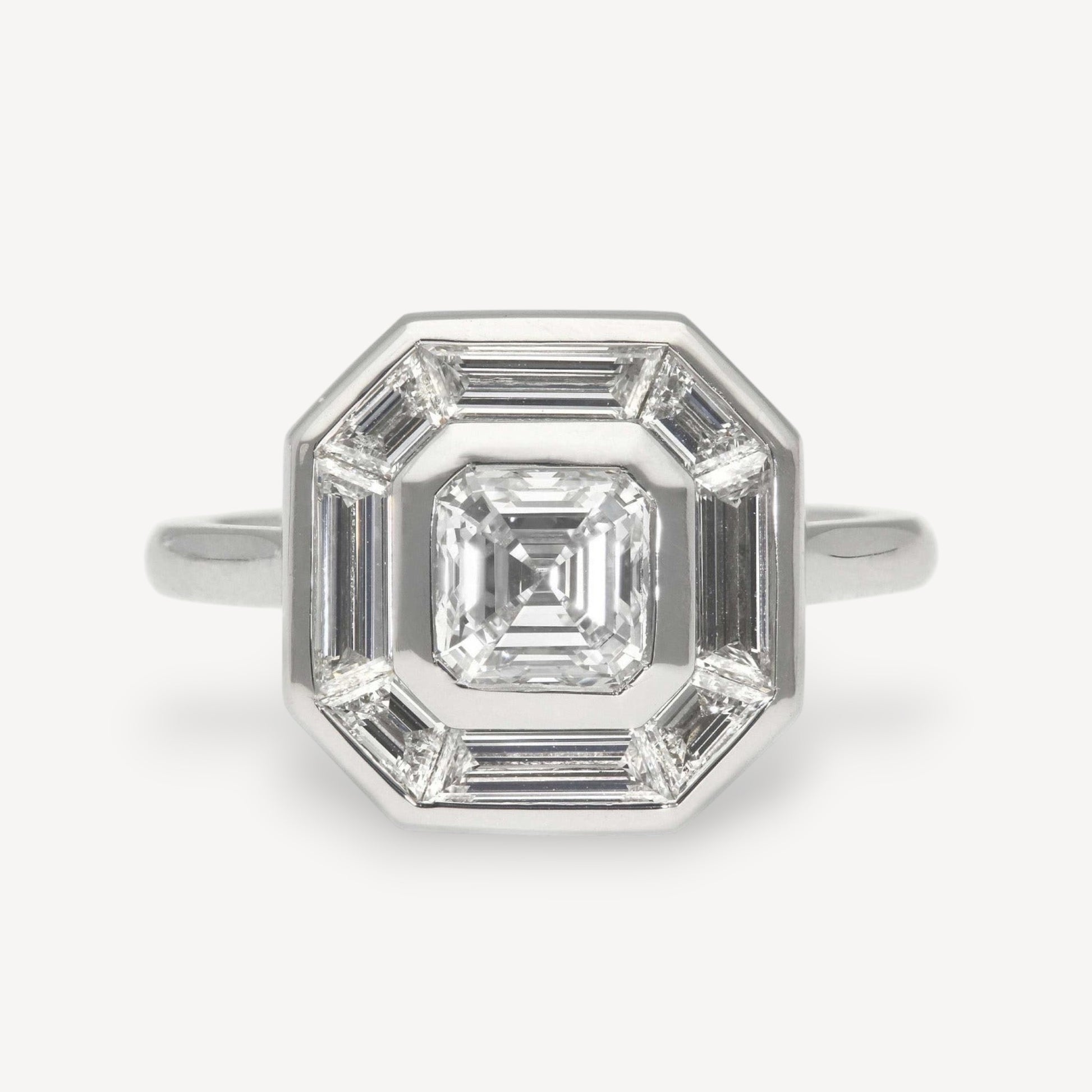 EC One SADIE Radiant Diamond with Baguette Diamond Halo Platinum Engagement Ring made in our London B Corp workshop