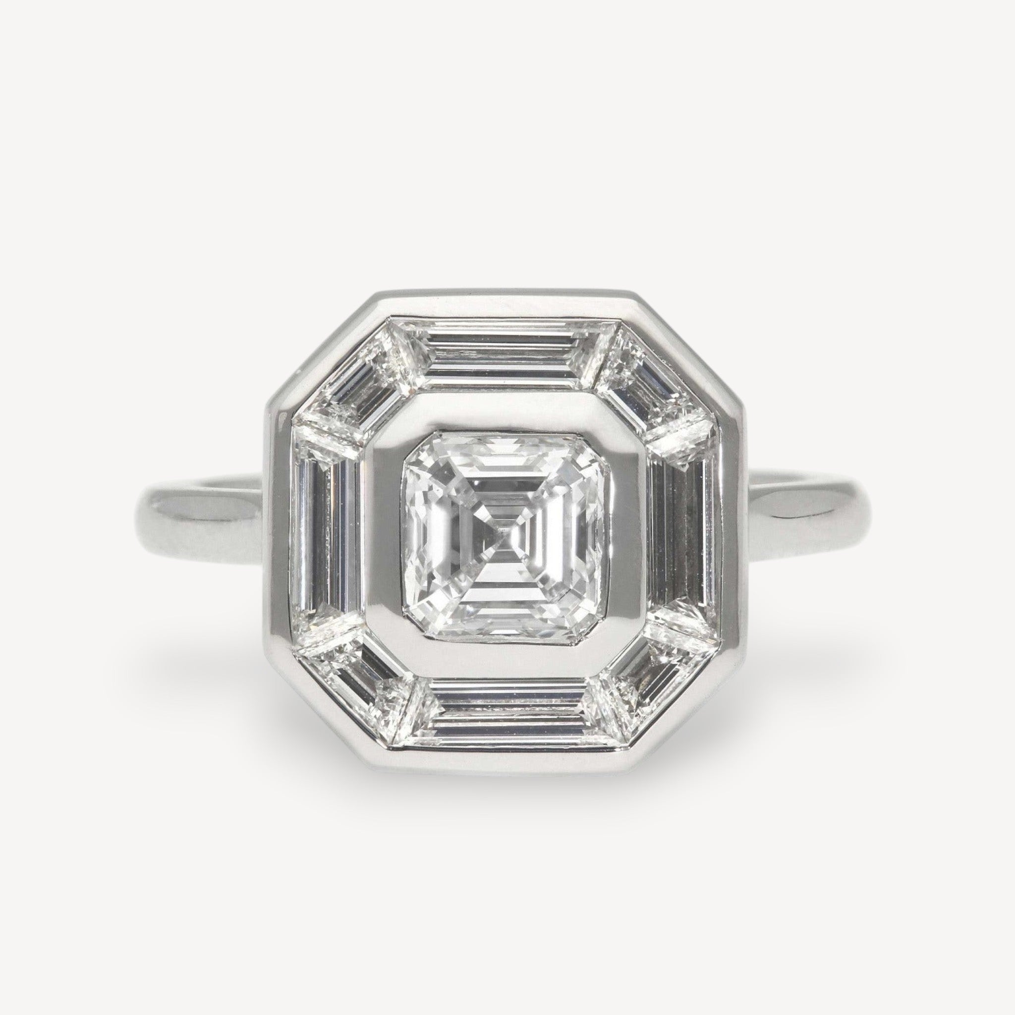 EC One SADIE Radiant Diamond with Baguette Diamond Halo Platinum Engagement Ring made in our London B Corp workshop