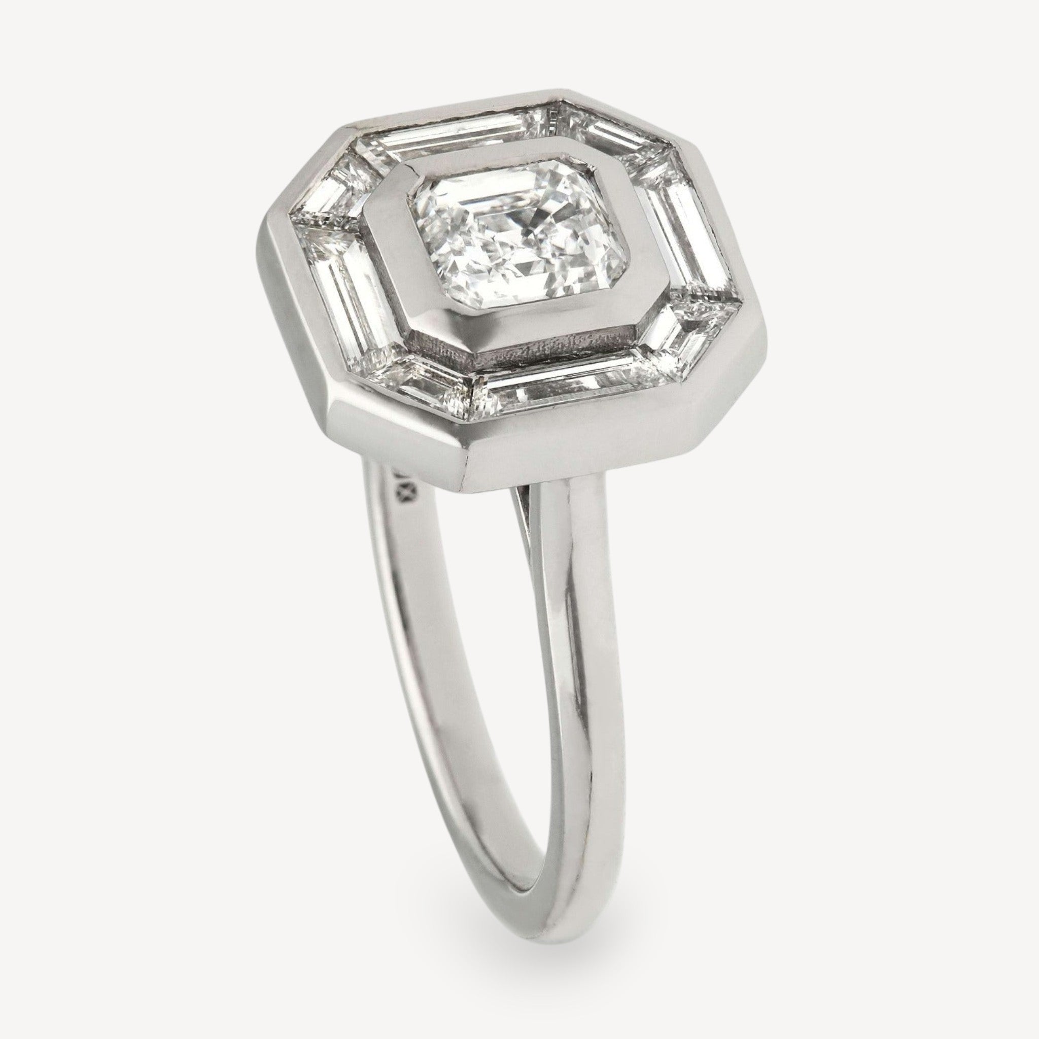 EC One SADIE Radiant Diamond with Baguette Diamond Halo Platinum Engagement Ring made in our London B Corp workshop