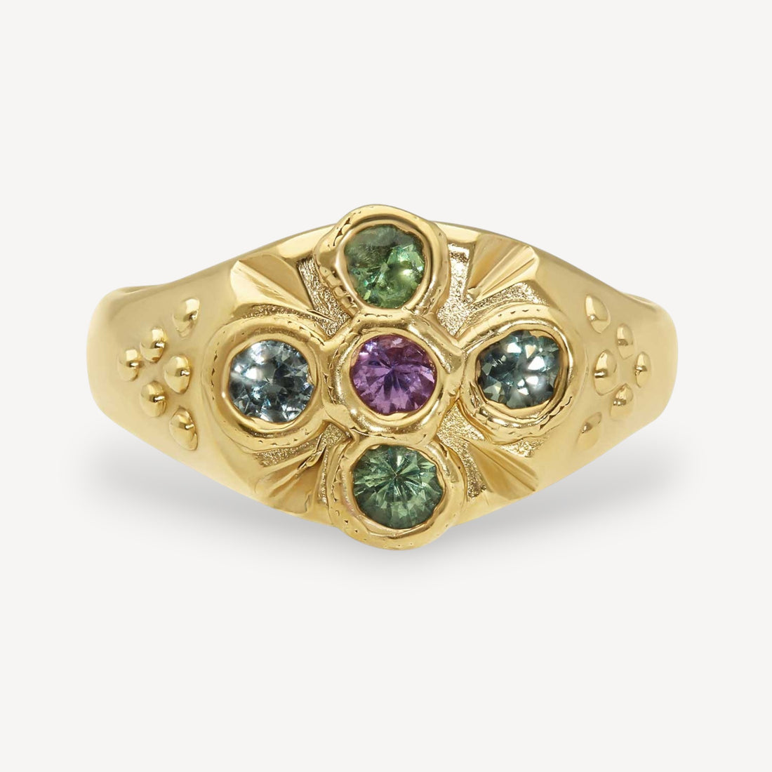 EC One REVERE gold plated signet ring with purple, green, and blue sapphires. Hand-carved design.