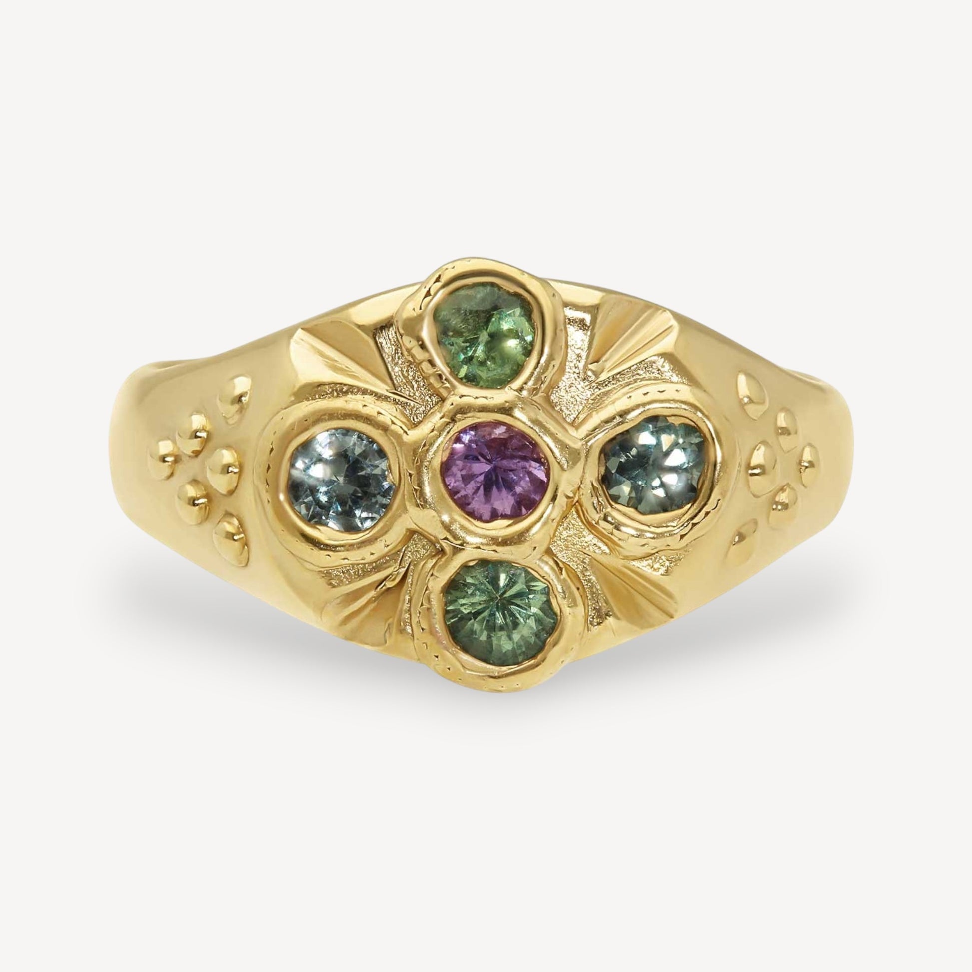 EC One REVERE gold plated signet ring with purple, green, and blue sapphires. Hand-carved design.