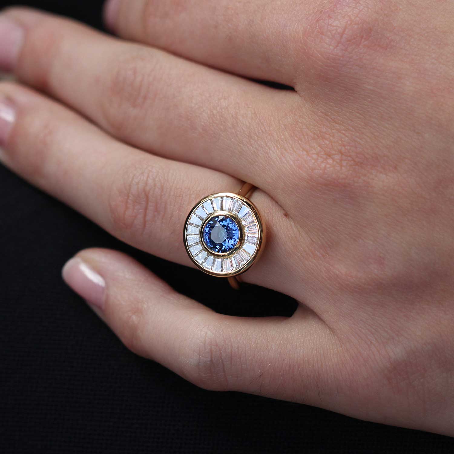 ROSA Yellow Gold Blue Sapphire and Baguette Diamond Halo Engagement Ring