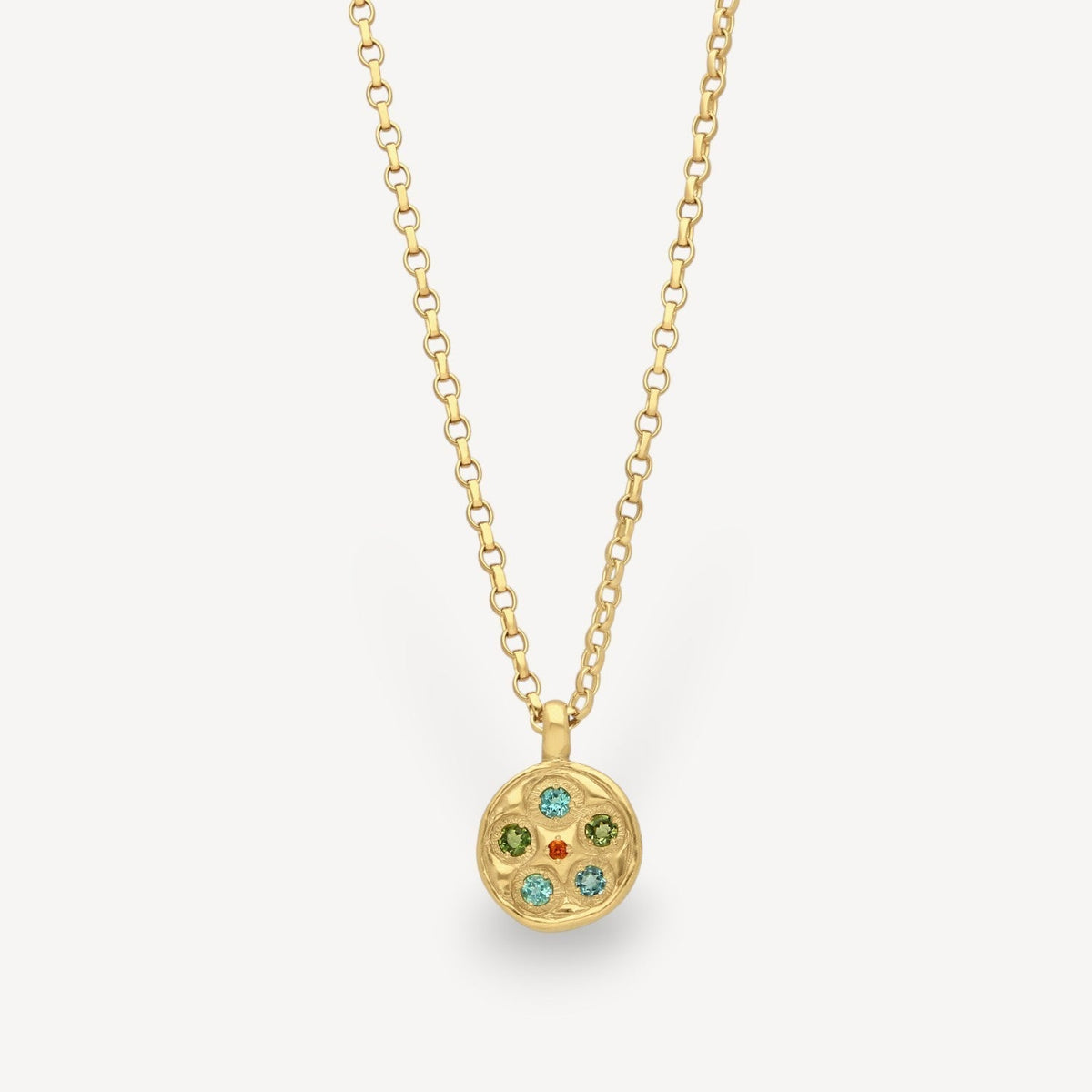 EC One rose window pendant necklace featuring autumnal gemstones set in gold plated metal on a delicate chain.