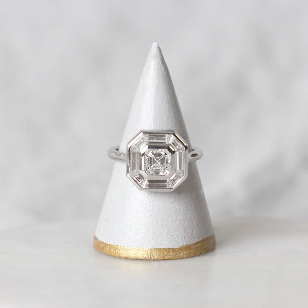 EC One SADIE Radiant Diamond with Baguette Diamond Halo Platinum Engagement Ring made in our London B Corp workshop