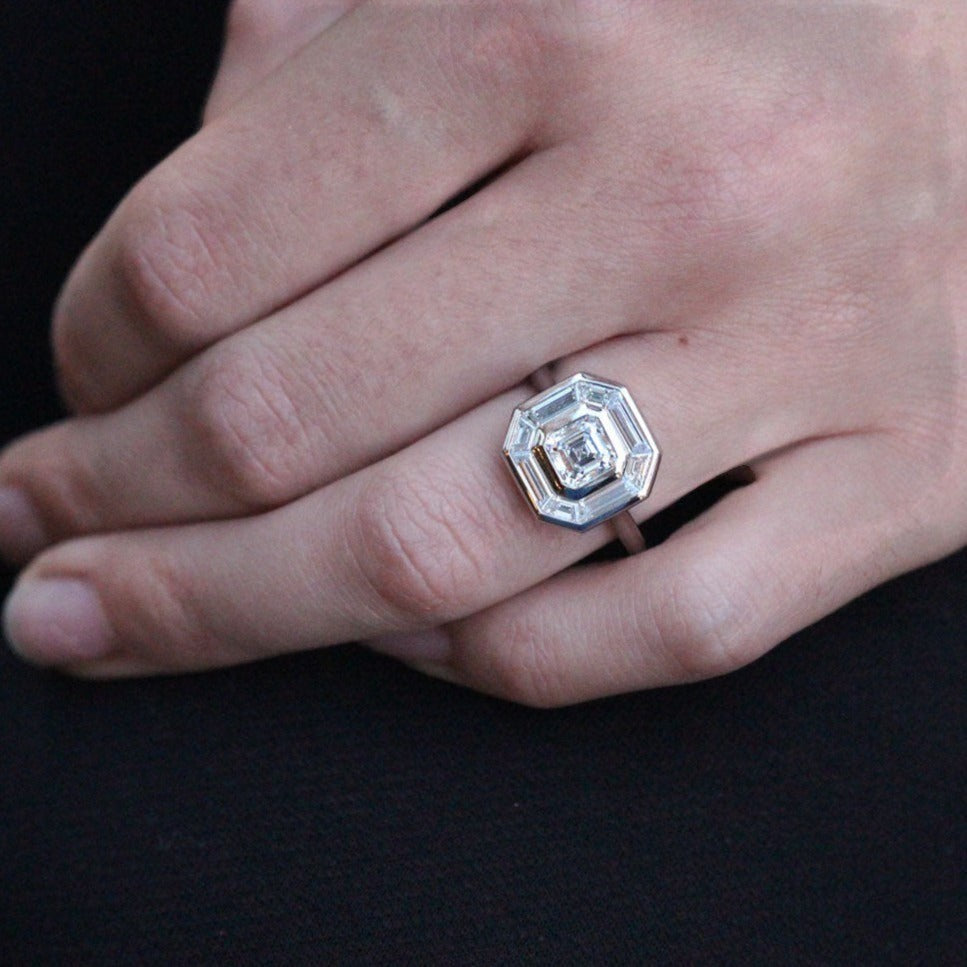 EC One SADIE Radiant Diamond with Baguette Diamond Halo Platinum Engagement Ring made in our London B Corp workshop