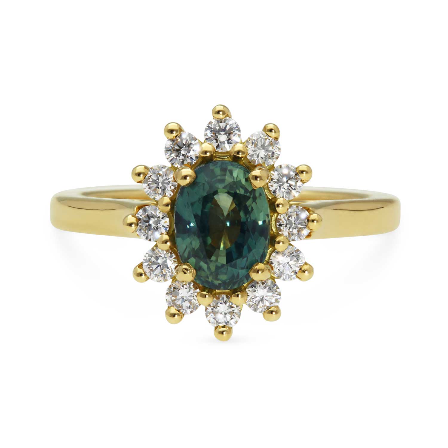 FLORENCE Oval Teal Sapphire and Diamond Cluster Engagement Ring  Made by ethical jeweller E.C.One London in our B Corp certified workshop